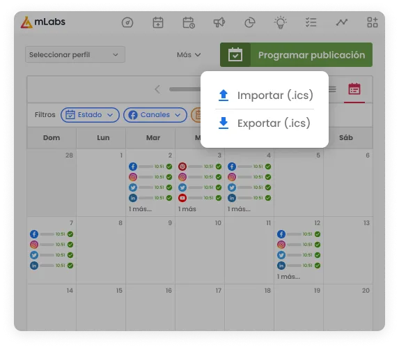 La imagen muestra un calendario de fondo con énfasis en los botones Importar y Exportar
