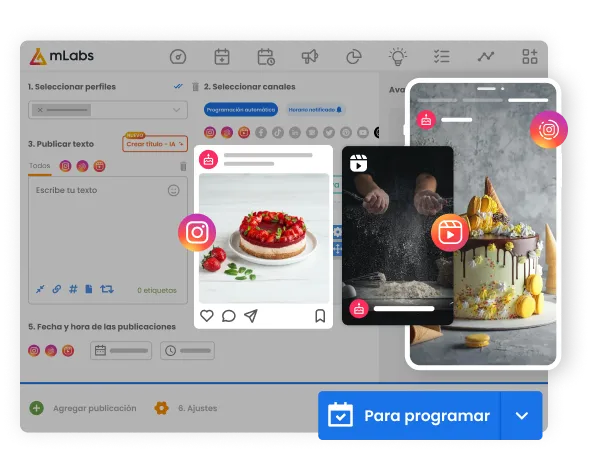 La imagen muestra la pantalla de programación de publicaciones de mLabs con un Reel de Instagram, Stories y una publicación de Feed destacados.