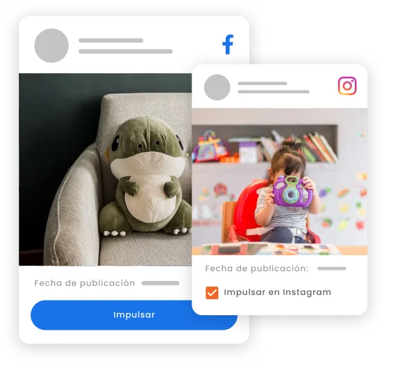 La imagen muestra dos publicaciones, una en Instagram y otra en Facebook, destacando el botón Boost.