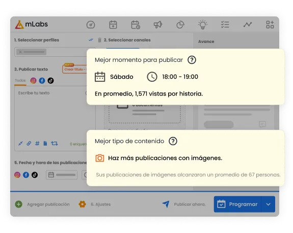 La imagen muestra las tarjetas de Mejor Día y Hora para Publicar y el Mejor Formato de Contenido en Instagram.