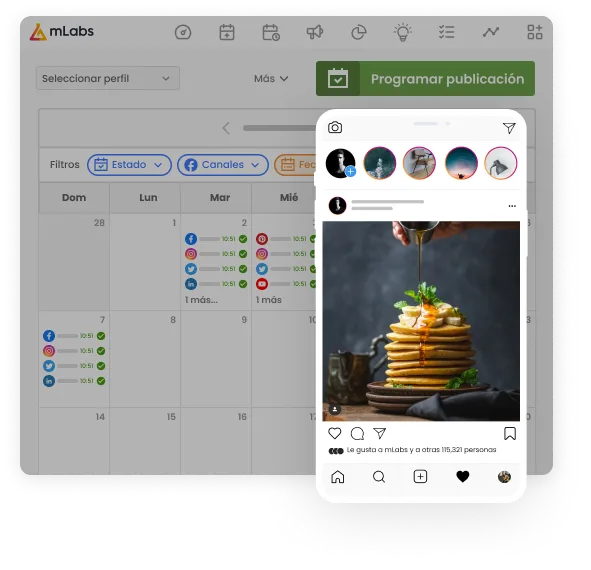 La imagen muestra la pantalla del calendario de mLabs, destacando la vista de una publicación programada en Instagram.