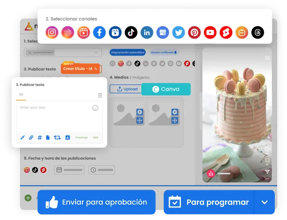 La imagen muestra la pantalla de programación de publicaciones de mLabs, resaltando los iconos de las redes sociales integradas en la plataforma.