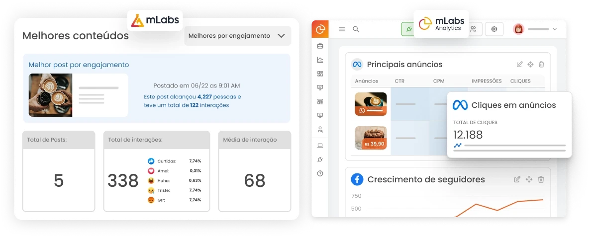 Imagem mostra gráficos dos relatórios de Facebook e Facebook Ads da mLabs e mLabs Analytics.