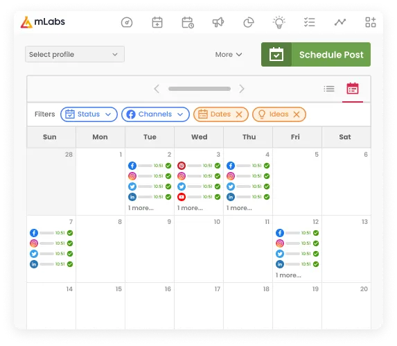 Image shows the mLabs calendar with various scheduled posts, highlighting the filters: status, channels, dates, ideas.
