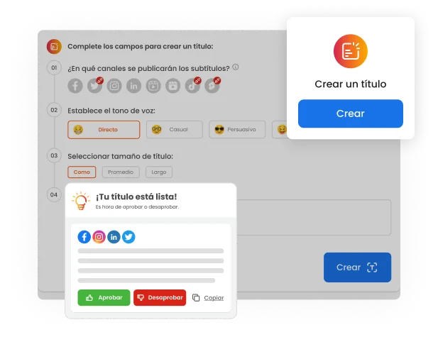 La imagen muestra la pantalla de insights de mLabs con un subtítulo listo para usar destacado, creado para múltiples redes sociales mediante IA.