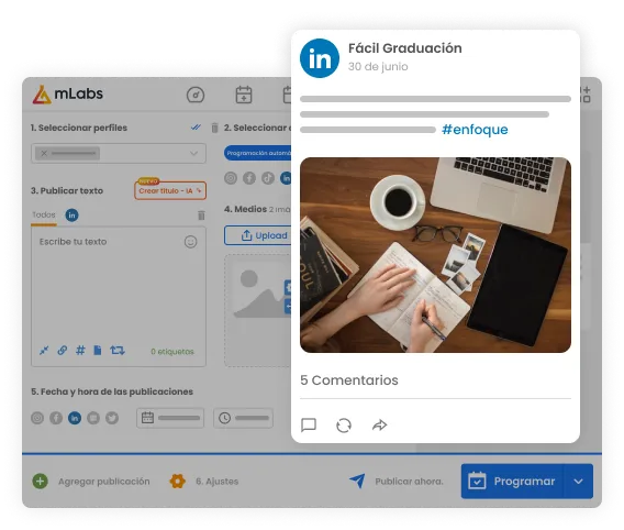 La imagen muestra la pantalla de programación de mLabs destacando un post con imagen para LinkedIn.