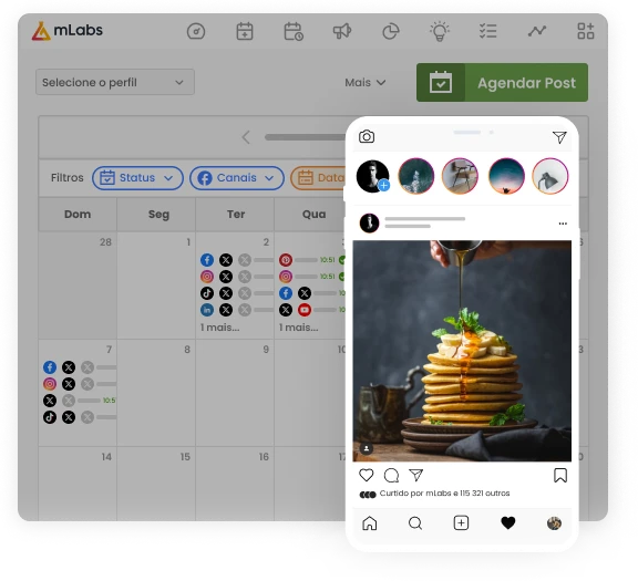 Imagem mostra tela de calendário da mlabs com destaque para visualização de um post agendado do instagram.