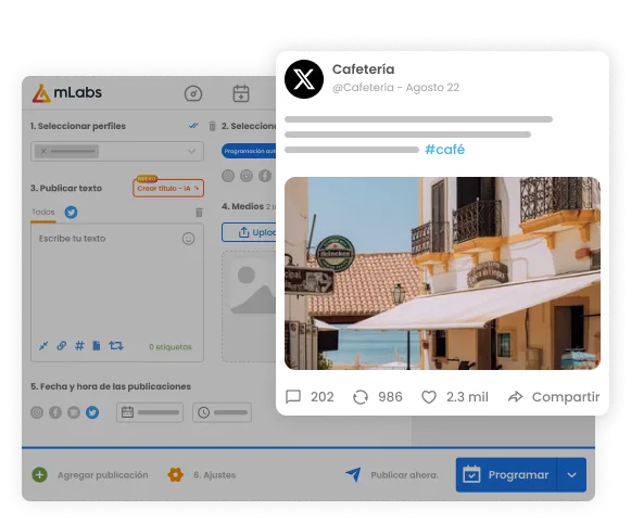La imagen muestra la pantalla de programación de publicaciones de mLabs destacando un post programado con texto e imagen.