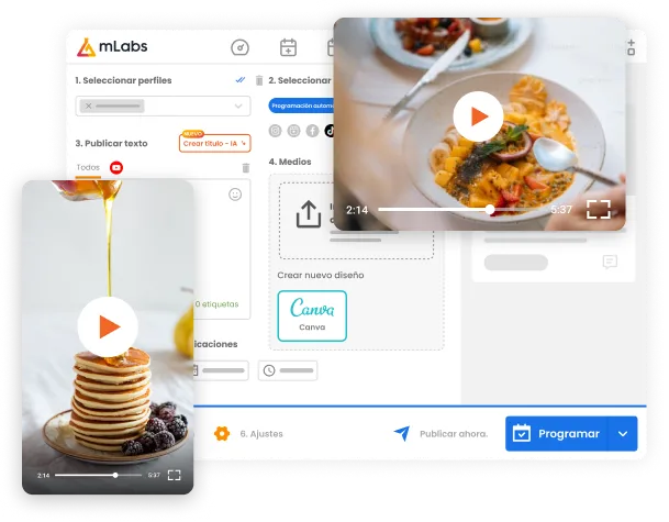 La imagen muestra la pantalla de programación con vista previa de un video programado para YouTube.