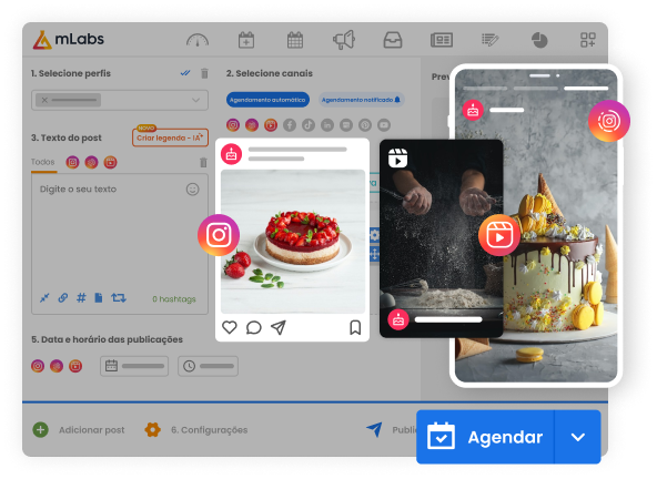 Imagem mostra tela de agendamento de posts da mLabs com um reels, stories e post do feed do Instagram em destaque.