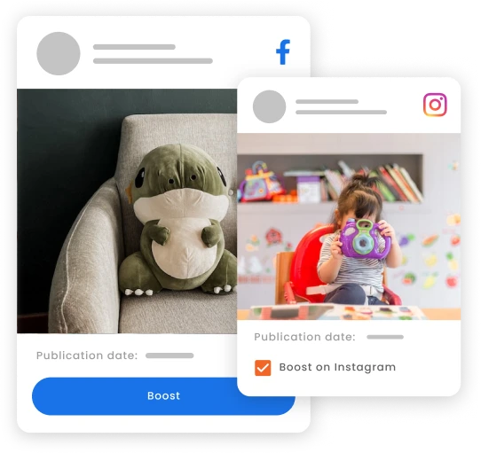 Image shows two posts, one on Instagram and the other on Facebook, highlighting the Boost button.