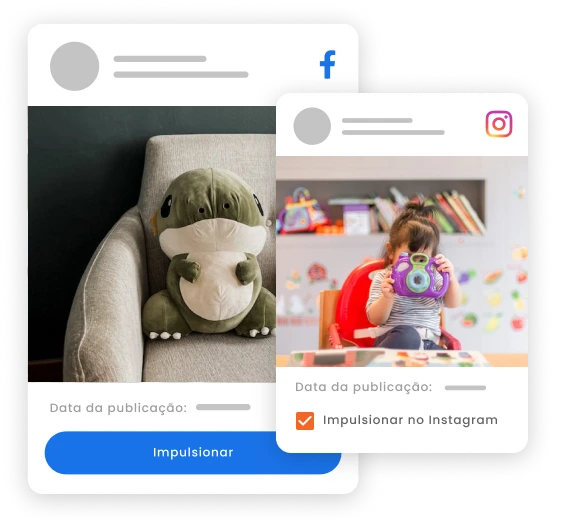 Imagem mostra dois posts, um no Instagram e outro no Facebook, com destaque para o botão Impulsionar.