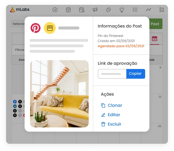 Imagem mostra tela do calendário da mLabs com modal com informações do post e suas ações: clonar, editar e excluir.