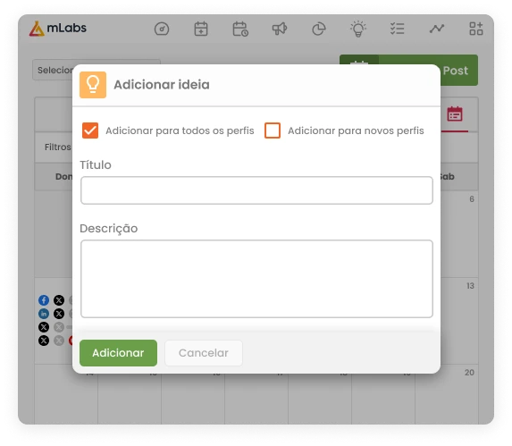 Imagem mostra o calendário da mLabs com destaque para o modal de adicionar ideias.