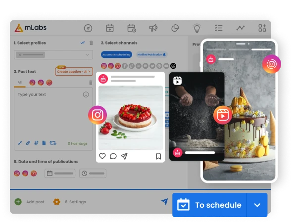 Image shows the mLabs post scheduling screen with an Instagram Reel, Stories, and Feed post highlighted.