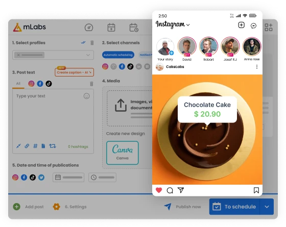 Image shows the mLabs scheduling screen and highlights an Instagram feed post with a product price tag.