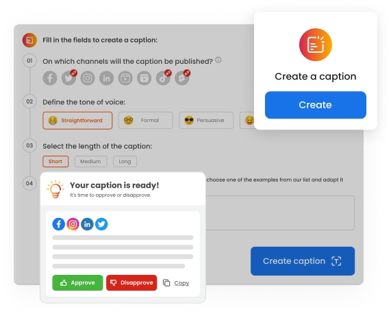 Image shows the mLabs insights screen with a highlighted ready-to-use post caption created for multiple social networks.