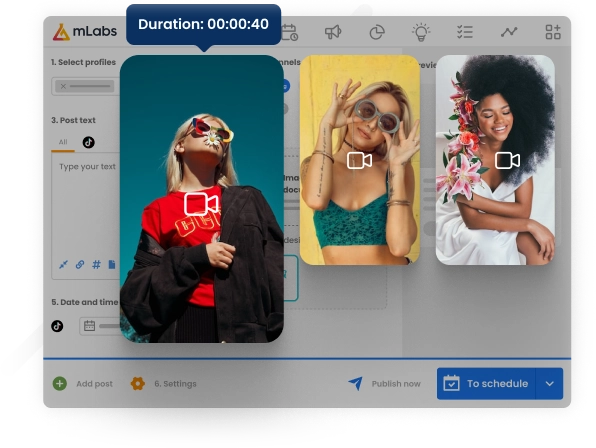 Image shows the mLabs post scheduling screen with three videos being scheduled for TikTok
