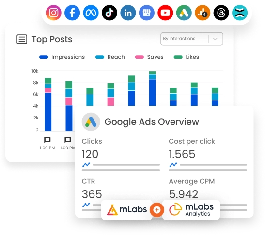 The image shows a chart of mLabs' Best Posts with detailed interactions and a summarized performance chart from Google Ads.