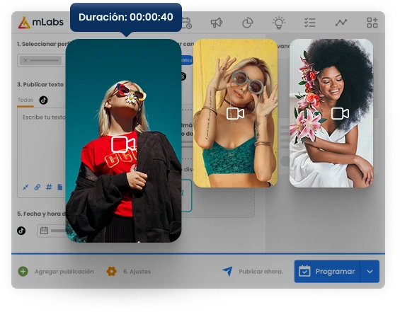 La imagen muestra la pantalla de programación con tres videos programados para TikTok.