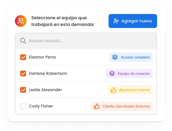 La imagen muestra el modal de selección del equipo que trabajará en el proyecto dentro del Workflow de mLabs.