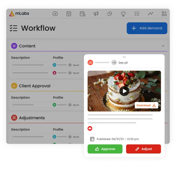 Image shows the mLabs Workflow screen with the text adjustment request modal open.