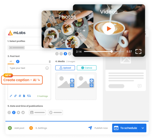 The image shows the mLabs scheduling screen, highlighting a Facebook post with a photo and a post with a video