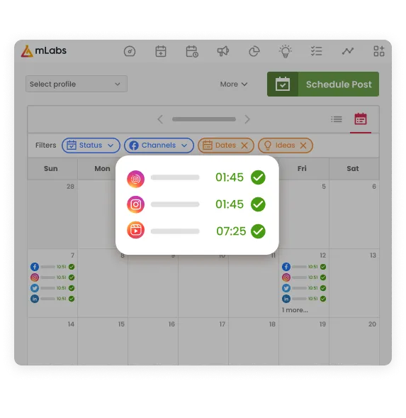 The image shows the mlabs calendar highlighting the scheduling of Instagram Stories, feed posts, and Reels.