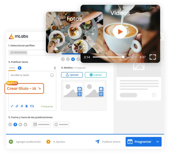La imagen muestra la pantalla de programación de mLabs destacando una publicación con foto y otra con video.