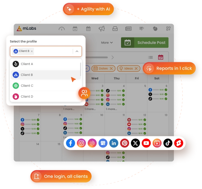 Image shows mLabs calendar screen highlighting profile selection with several clients registered. Icons of various social networks compose the image to indicate the social networks that can be managed with mLabs.