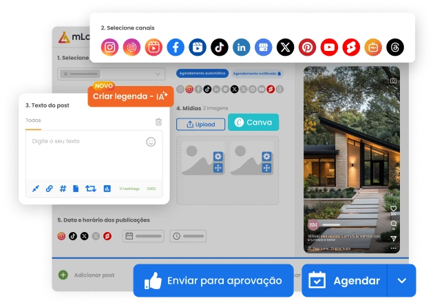 Imagem mostra a tela de agendamento da mLabs com destaque para a seleção de canais de redes sociais, destaque para o campo onde deve ser inserido o texto do post e onde a legenda pode ser criada com a IA da mLabs, e destaque para os botões de Enviar para aprovação e Agendar.