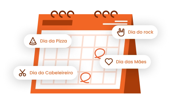Ilustração de um calendário com destaque para algumas datas comemorativas como Dia da Pizza, Dia das Mães, Dia do Rock e Dia do Cabelereiro.
