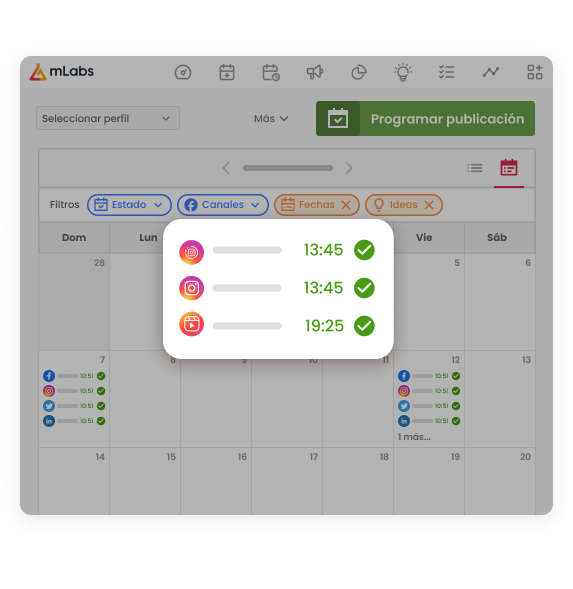 La imagen muestra el calendario de mLabs destacando la programación de Stories, publicaciones en Feed y Reels.
