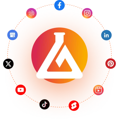 Imagem com logotipo da mLabs e ícones de redes sociais em volta ilustrando o ecossistema de cases de sucesso da mLabs.