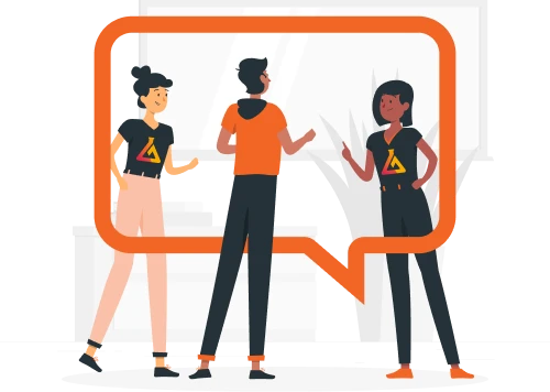 Illustration shows three characters talking inside a speech bubble.