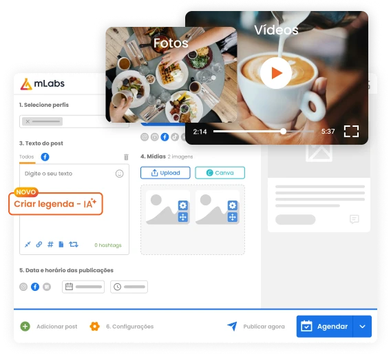 Imagem mostra tela de agendamento da mLabs com destaque para um post de Facebook com foto e um post com vídeo.