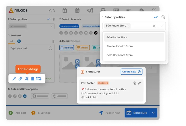 image shows the mLabs post scheduling screen highlighting the selection of multiple franchise profiles