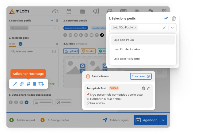 Imagem mostra a tela de agendamento de posts da mlabs com destaque para a seleção de vários perfis de franquias.