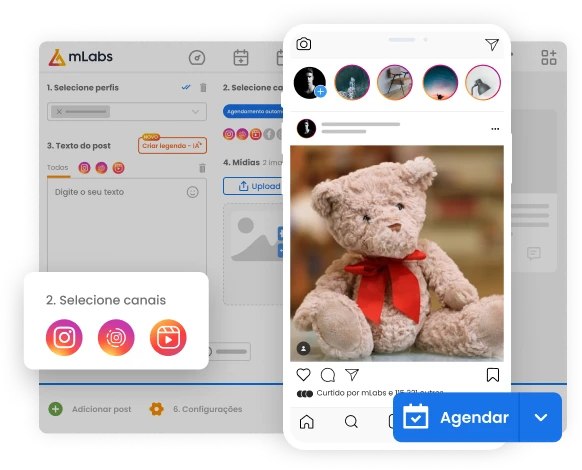 Imagem mostra tela de agendamento de posts da mLabs com um post no feed e destaques para botão agendar post e formatos do Instagram.