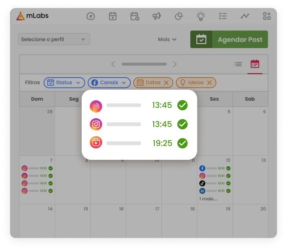 Imagem mostra o calendário da mlabs com destaque para o agendamento no Instagram de Stories, post no feed e Reels.