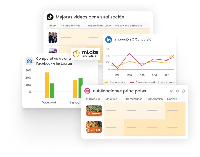 La imagen muestra gráficos de TikTok, LinkedIn, Facebook Ads e Instagram