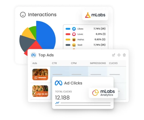 The image shows graphs of mLabs Facebook reports and mLabs Analytics Facebook Ads