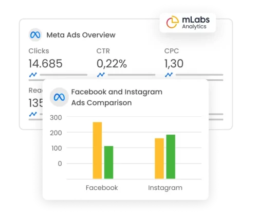 Image shows the Overview graphs of Facebook Ads and a comparative graph of Ads on Facebook and Instagram.