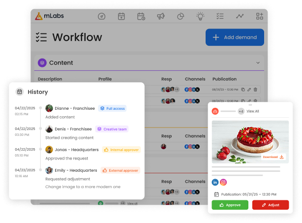 image shows the mLabs workflow screen and the history of user actions within the workflow