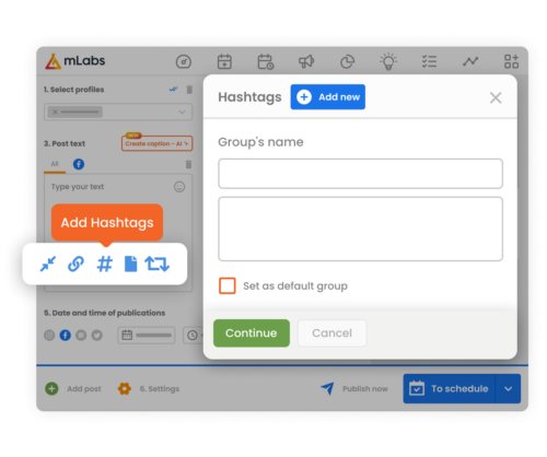 Image shows the mLabs post scheduling screen with an emphasis on the module for creating hashtag groups.