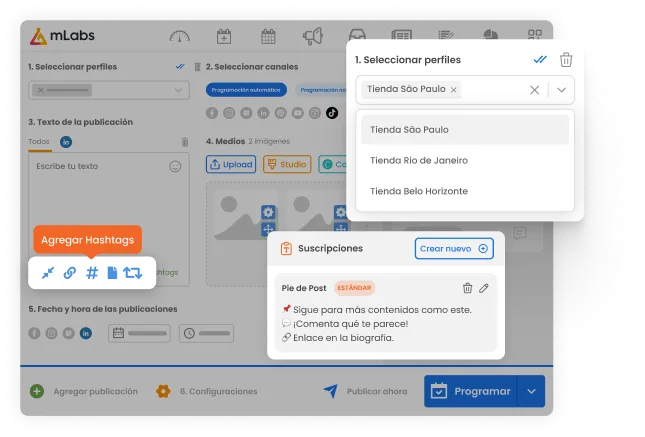 La imagen muestra la pantalla de programación de publicaciones de mLabs destacando la selección de múltiples perfiles de franquicias.