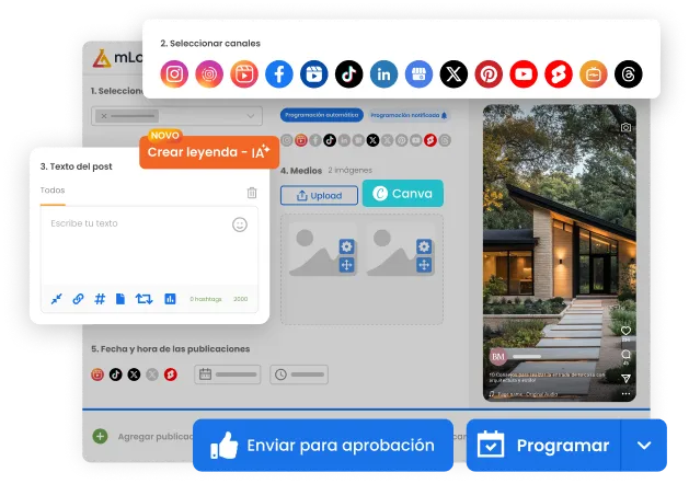 La imagen muestra la pantalla de programación de mLabs destacando la selección de canales sociales, el campo para ingresar el texto del post, la creación de caption con IA de mLabs y los botones "Enviar para aprobación" y "Programar".