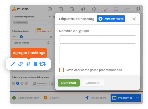 La imagen muestra la pantalla de programación de mLabs con énfasis en el módulo para crear grupos de hashtags.
