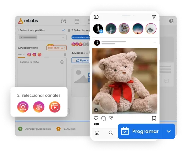 La imagen muestra la pantalla de programación con un post para Feed y destaca el botón "Programar" y los formatos de Instagram.