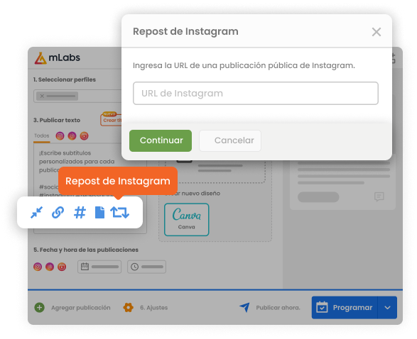 La imagen muestra la pantalla de programación con el botón Repost de Instagram y un campo para ingresar la URL de la publicación a republicar